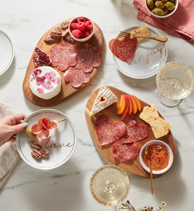Heart and flowered shape salami on charcuterie boards