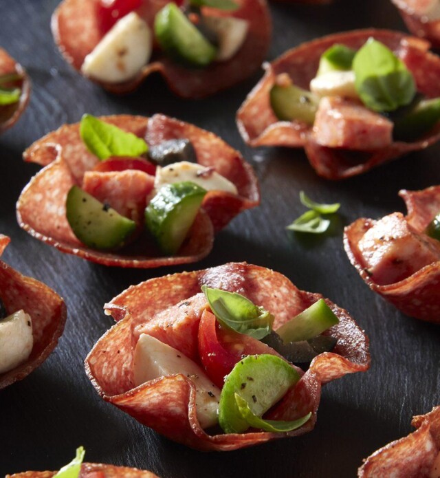 Flower shaped Salami Cups with cheese and vegetables inside