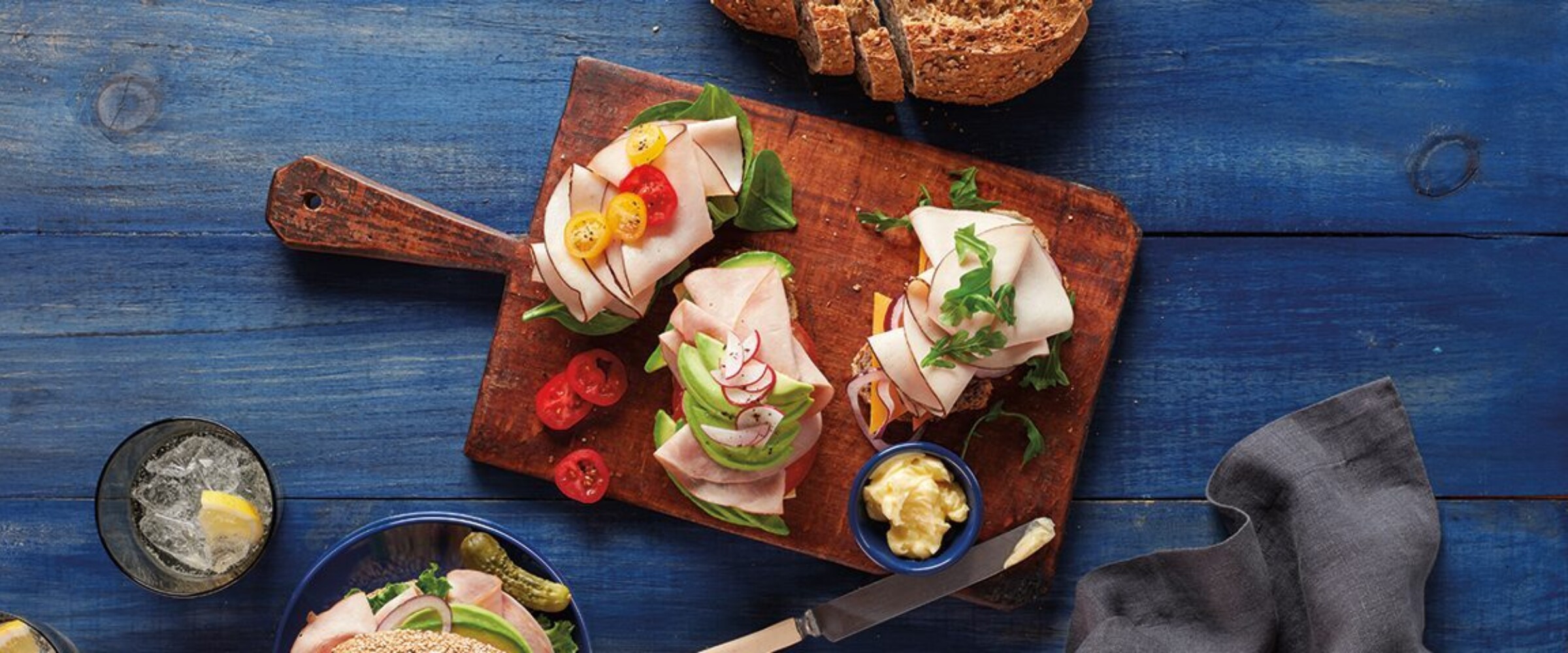 Open faced sandwich on a cutting board