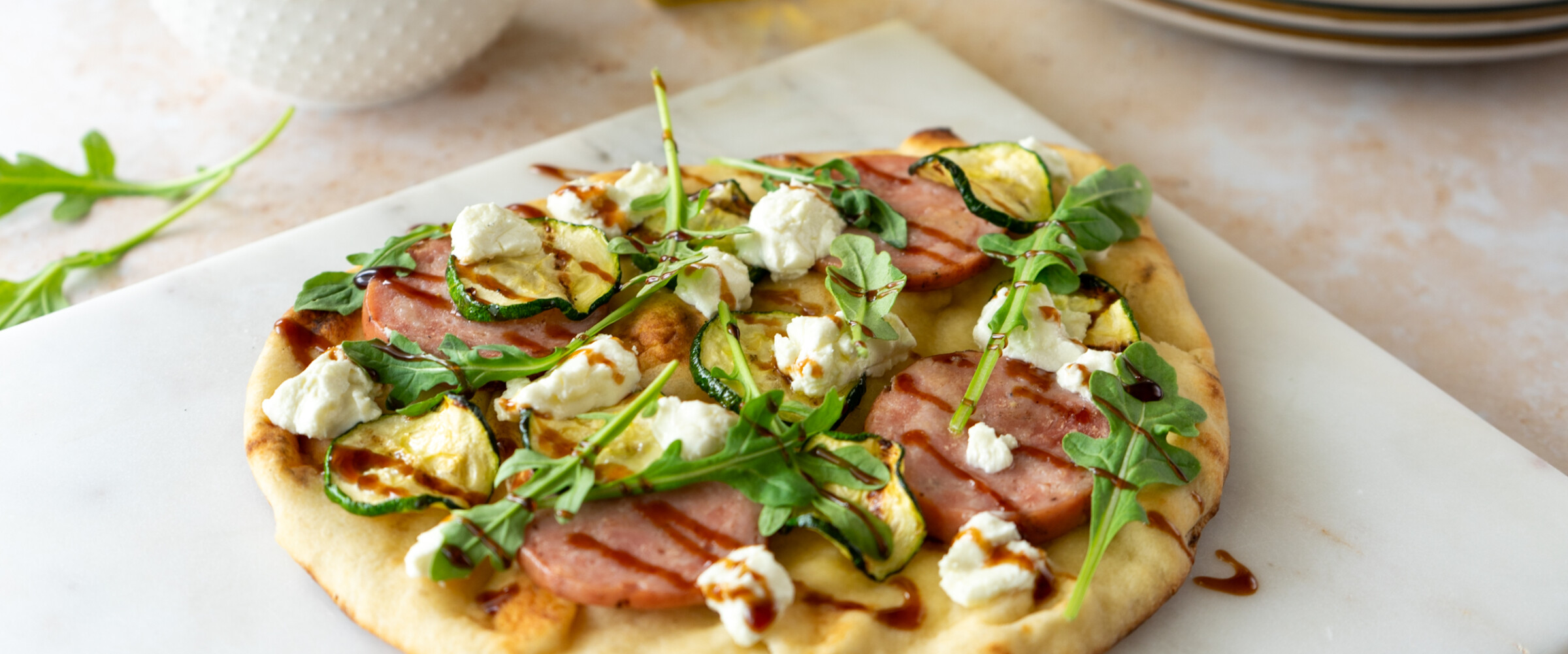 Flatbread recipe with Kolbassa, greens and veggies