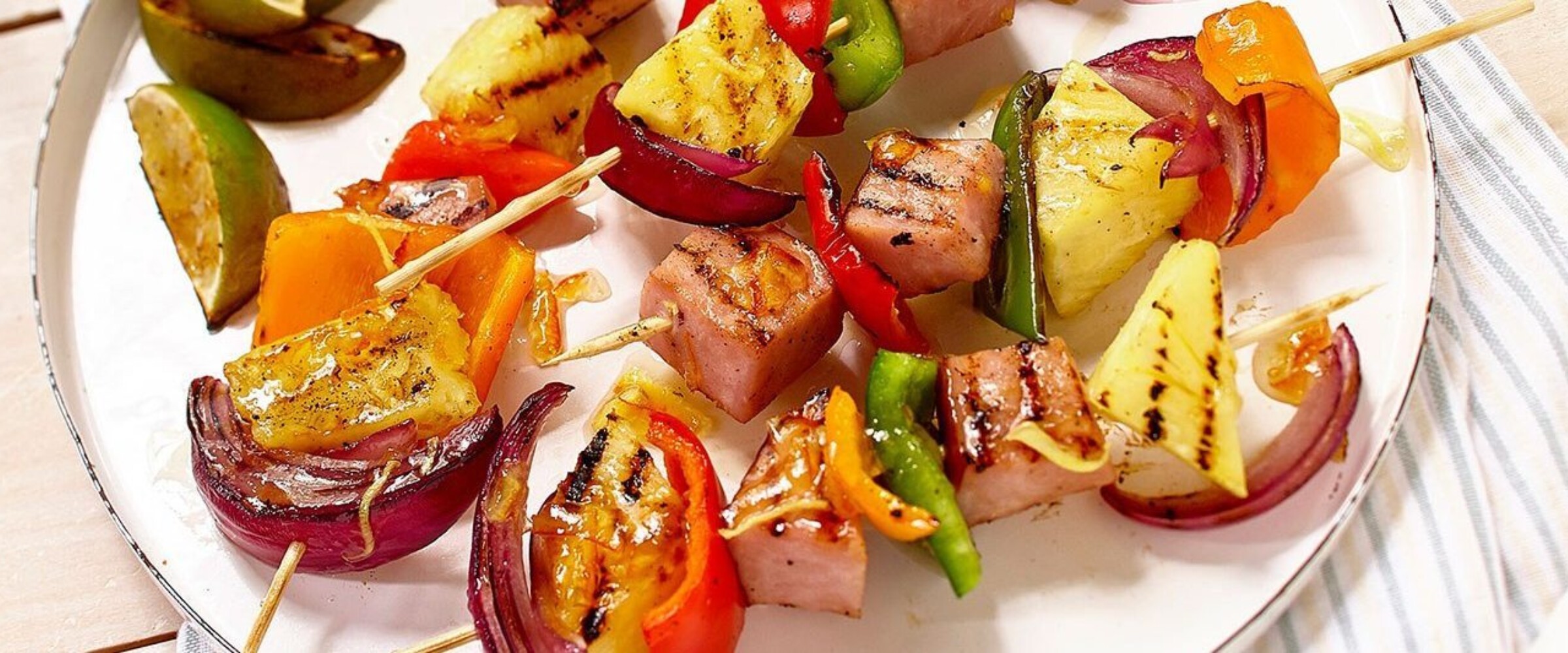 Ham and vegetable skewers