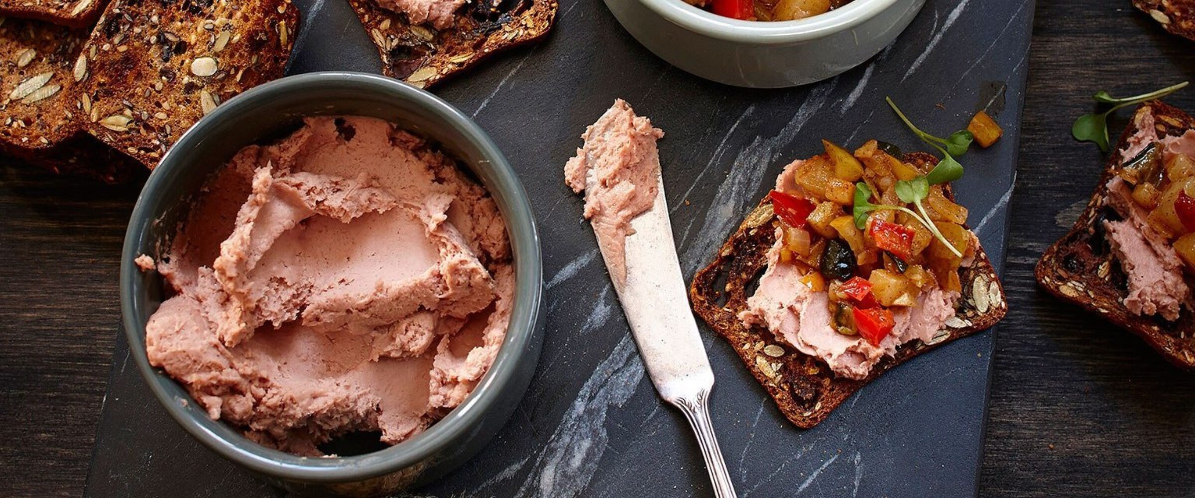 Liverwurst spread with pear chutney canapes