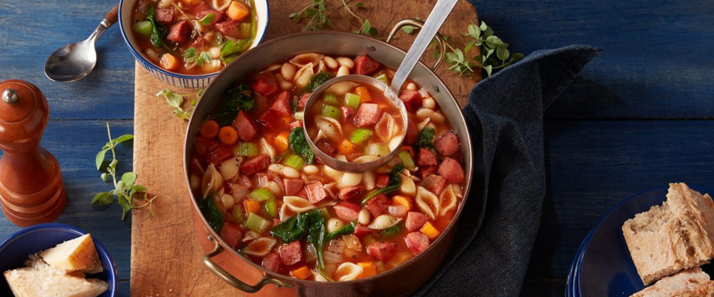 minestrone soup with ladle