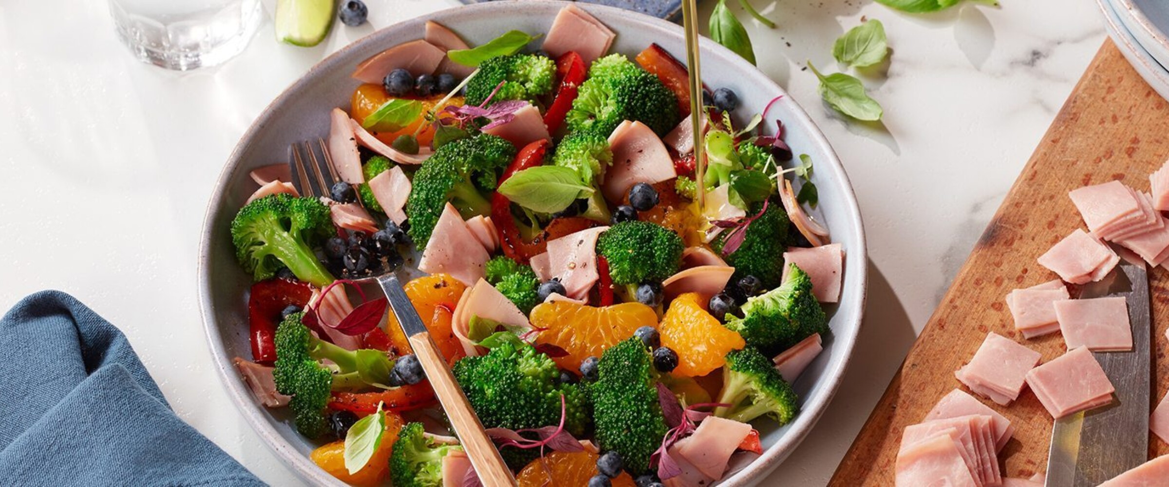 Broccoli and ham salad in a bowl