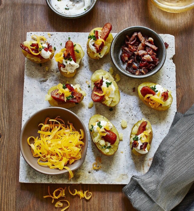 Loaded baked potatoes with pepperoni