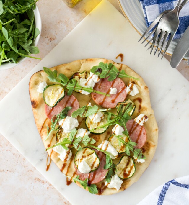 Flatbread recipe with Kolbassa, greens and veggies