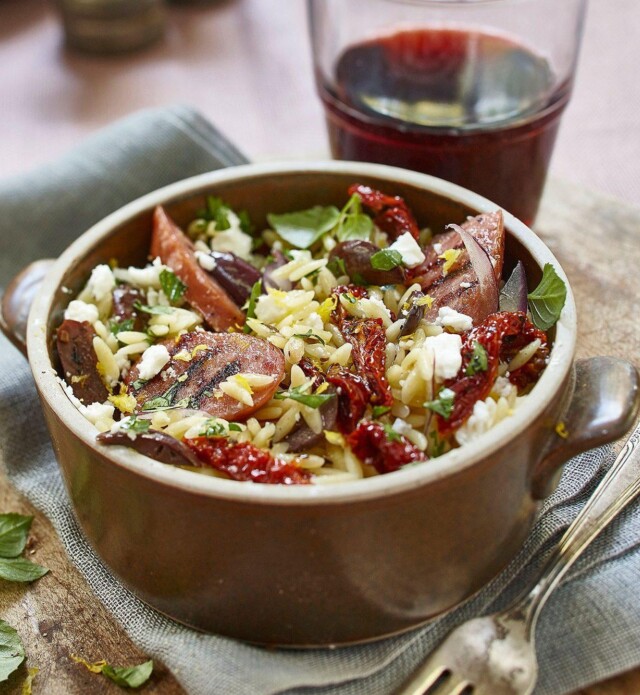 Cheddar knackwurst and orzo salad