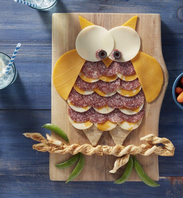 Salami and cheese in the shape of an owl