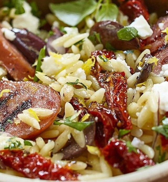 Cheddar knackwurst and orzo salad