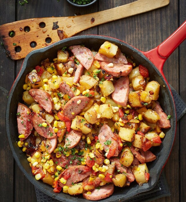 Kolbassa and potato dish in skillet