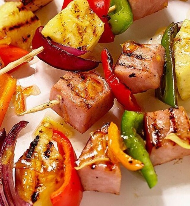 Ham and vegetable skewers