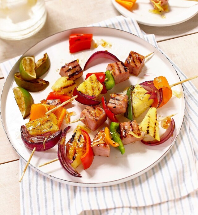 Ham and vegetable skewers