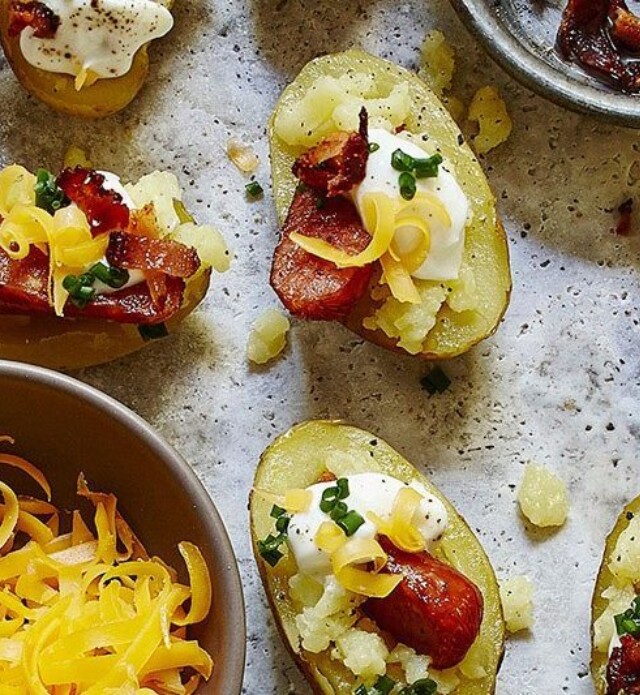 Loaded baked potatoes with pepperoni