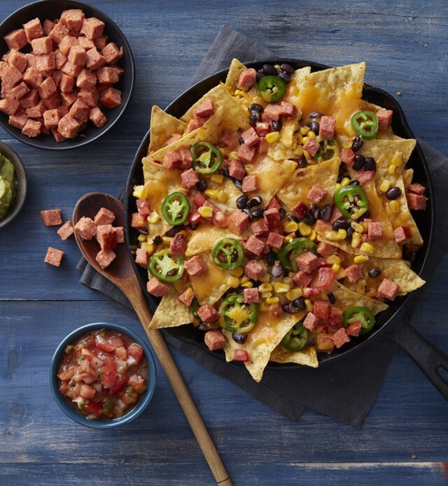Picture of Nachos made with chorizo, jalapenos, corn and black beans