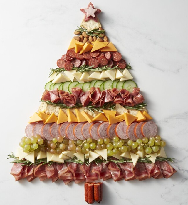 Charcuterie meats, cheeses, and fruits in the shape of a christmas tree