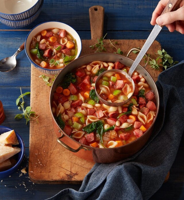 minestrone soup with ladle