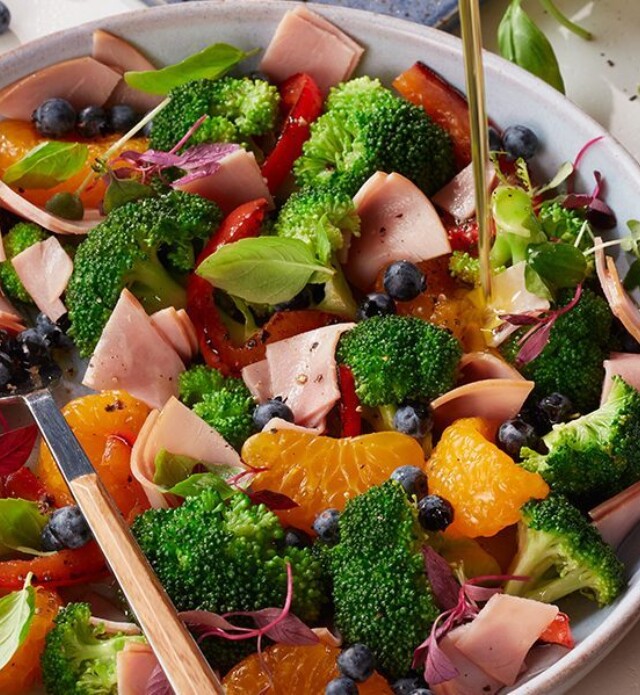 Broccoli and ham salad in a bowl